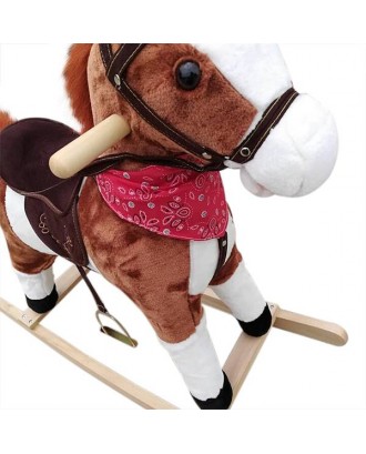 Kids Plush Ride On Pony Rocking Horse Wooden Toy with Neigh Sound Dark Brown