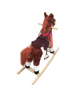 Kids Plush Ride On Pony Rocking Horse Wooden Toy with Neigh Sound Dark Brown