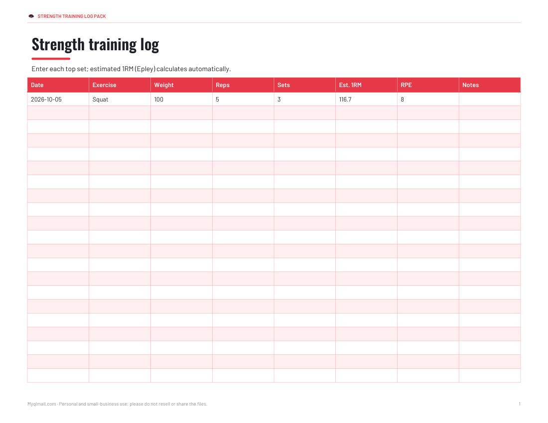 Preview of the first page of Training log (XLSX)